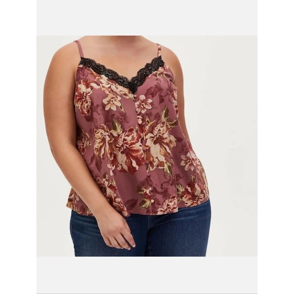 NWT Torrid Satin Lace Button Cami Womens 1X 14-16 V Neck Sleeveles Walnut Floral